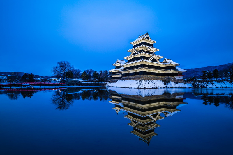 symmetry, no people, reflection, religion, built structure, blue, nature, Nagano Prefecture, place of worship, winter, belief, crow castle, Japan, outdoors