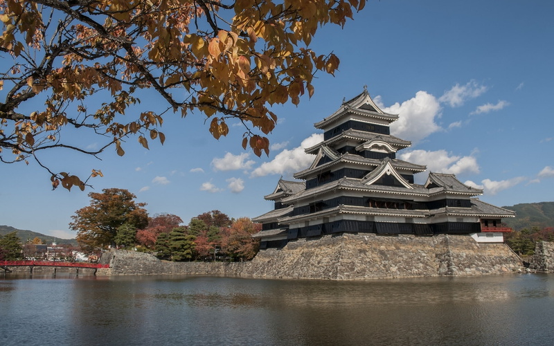Matsumoto, T-jo, Japan, water, branches, leaves, Matsumoto Castle, 1080P