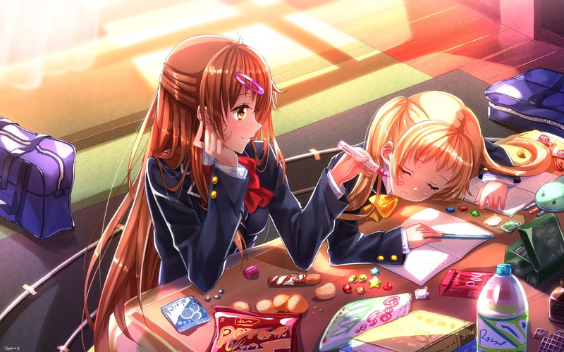 720P, people, Dekomori Sanae, twintails, lifestyles, blonde, girls, males, sitting, boys, brown eyes, Chuunibyou demo Koi ga Shitai!, snacks, Swordsouls