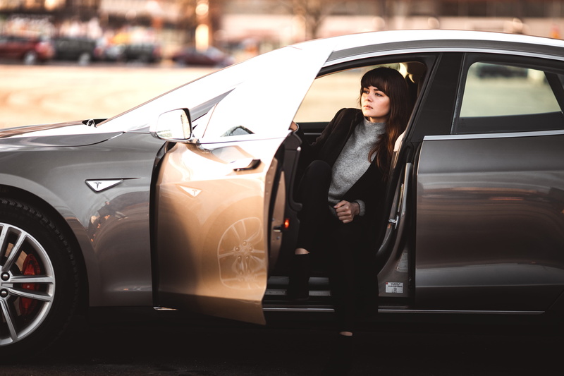 businesswoman, well-dressed, business person, taxi, street, females, city, young adult, portrait, arrival, women, travel, tesla, moody, luxury, inside