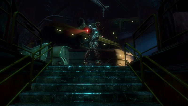 BioShock, staircase, 1080P, glowing, steps and staircases, ceiling, direction, low angle view, metal, railing, outdoors, building exterior, nature, building