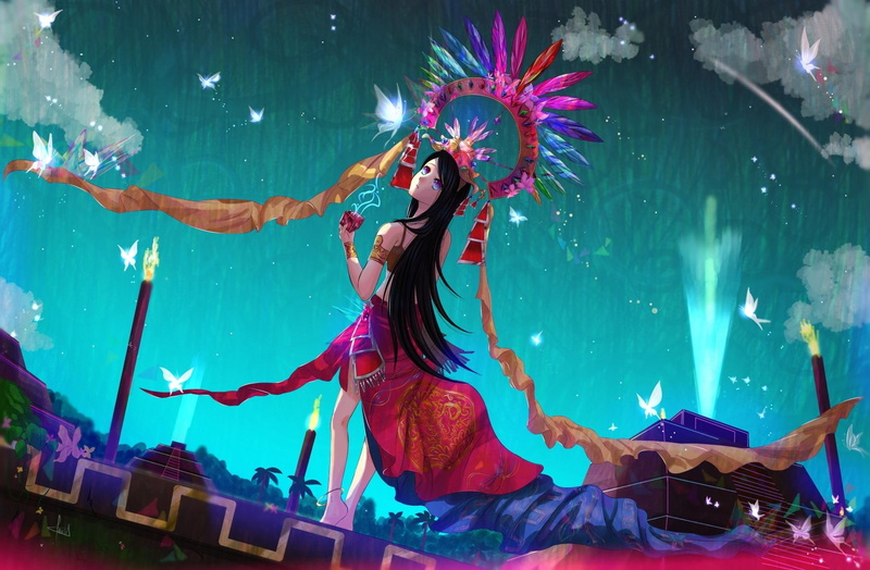 pyramide, aztec, anime, butterflies, girl, blue, milticolored, lovely, 1080P, aigrette, purple, long-hair, black, beaut, beauty
