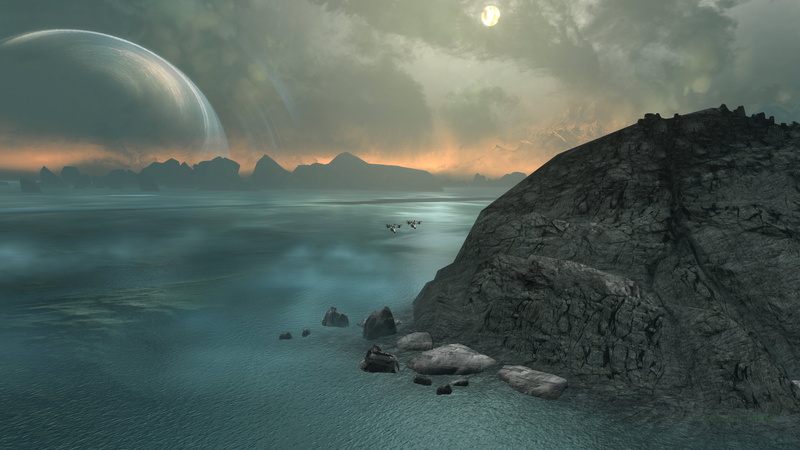 Halo Reach, horizon, in-game, Planet Reach, 4K, futuristic, PC gaming, video games, UH-114 Falcon, aircraft, water, science fiction, screen shot