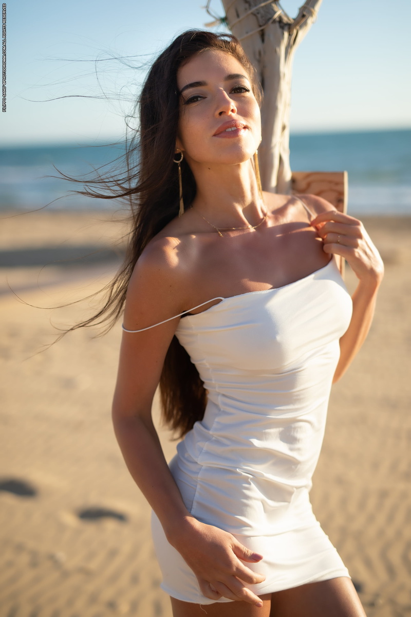 Taliah, women, legs, Rachel Photodromm, bare shoulders, hips, 2K, sand, Filippo Sano, minidress, beach, white dress, model, Bree H, Photodromm, brunette