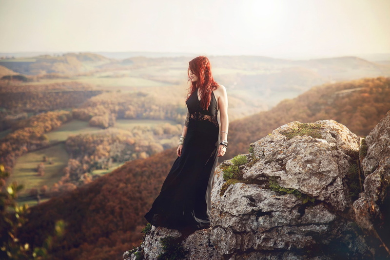 hairstyle, nature, women, maxi, rock - object, dress, tranquil scene, landscape, one person, hair, rock, young women, sky, tranquility, fashion, mountain