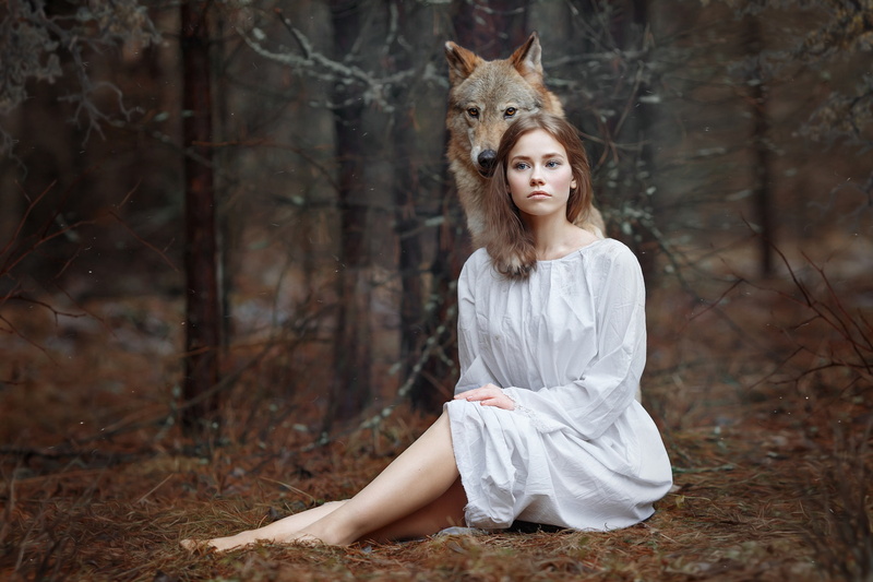 forest, Alena Zvereva, 1080P, wolf, Svetlana Nicotine, girl