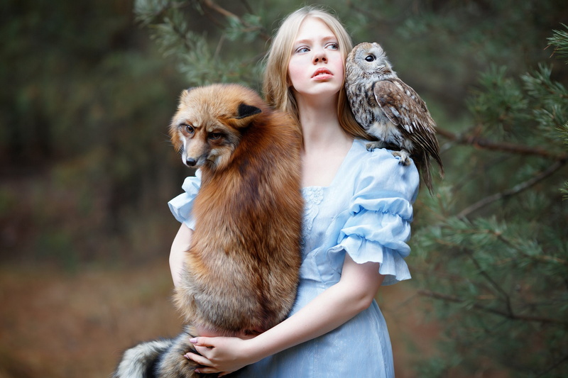 owl, Julia Kowalska, friends, girl, Fox, bird, 2K, photographer Svetlana Nicotine, red