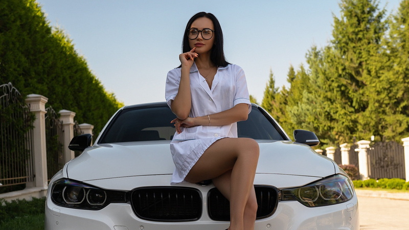 Valeriy Soldatov, look, 1080P, legs, figure, brunette, pose, Bathrobe, chest, glasses, model, Girl, hair, Alex Bazilev, BMW