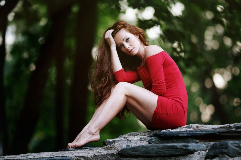 women, 1280x853, hair, red, long hair, bare, bokeh, hands, dress, sitting, shoulders, long, hands in hair, bare shoulders, red dress, 720P, rock