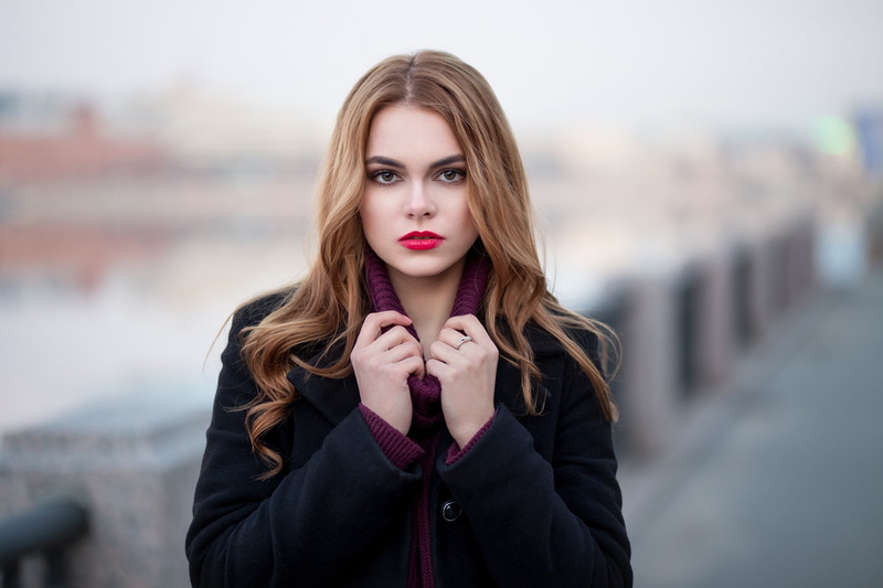 brunette, face, auburn hair, Oktyabrina Maximova, coats, brown eyes, black coat, 1080P, portrait, depth of field, women, red lipstick, Andrey Zhukov
