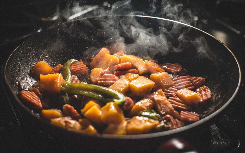 4K, food and drink, no people, heat - temperature, dinner, wellbeing, food, close-up, pan, healthy eating, vegetable, vegetables, kitchen utensil, cooking pan