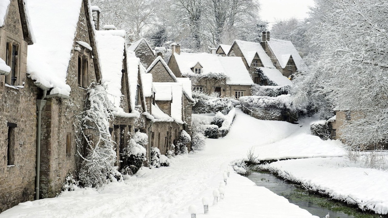 winter, town, England, Bibury, stream, 1080P, snow