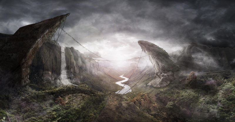nature, fantasy art, scenics - nature, non-urban scene, land, rock, cloud - sky, solid, mountain, beauty in nature, power in nature, water, valley