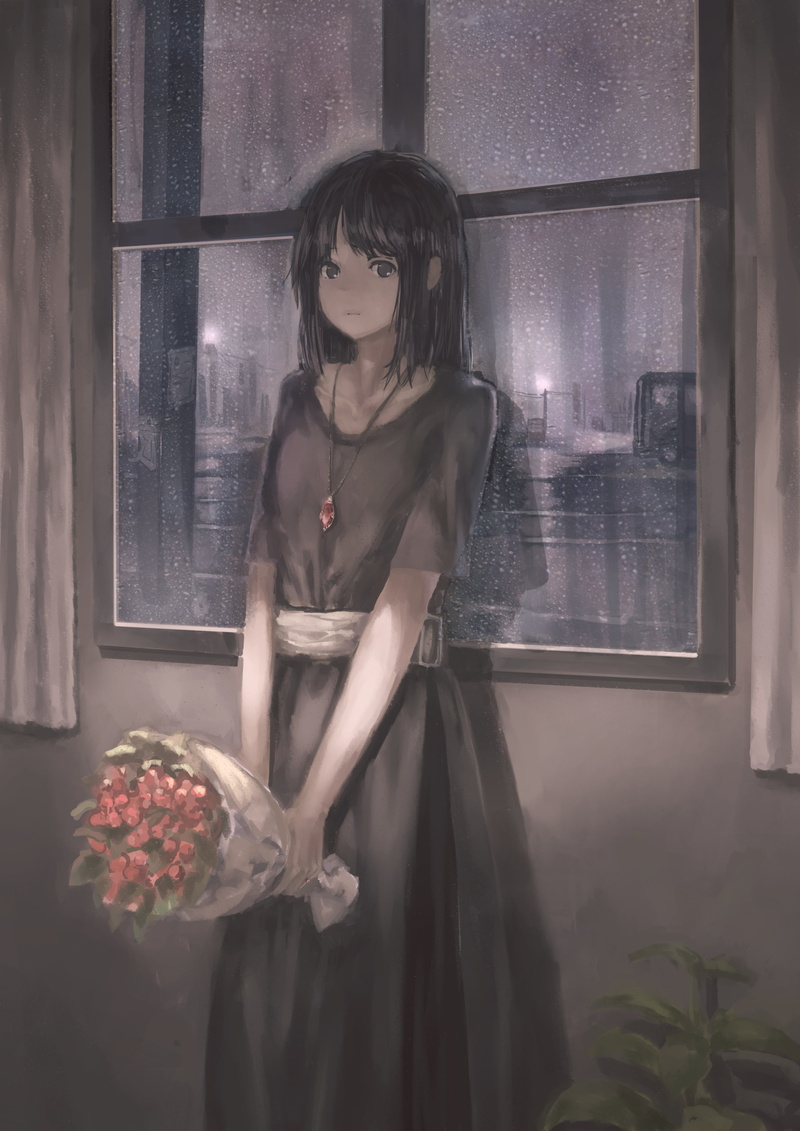 dark hair, flowers, anime girls, necklace, anime, window, 4K