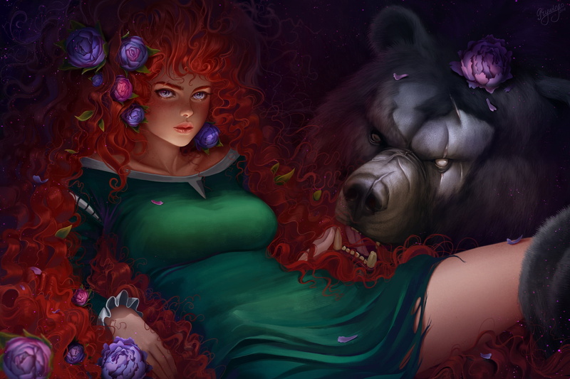 fan art, Princess Merida, Disney princesses, dress, green dress, freckles, Prywinko, looking at viewer, 2K, redhead, women, drawing, bears, lying on back