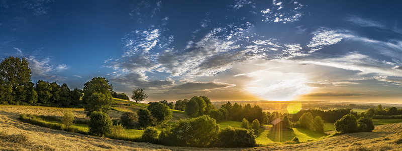 rural scene, blue, field, sunrise, panorama, hour, outdoors, hill, log cabin, scenics, scenics - nature, vacation, trees, rest, environment, panoramic