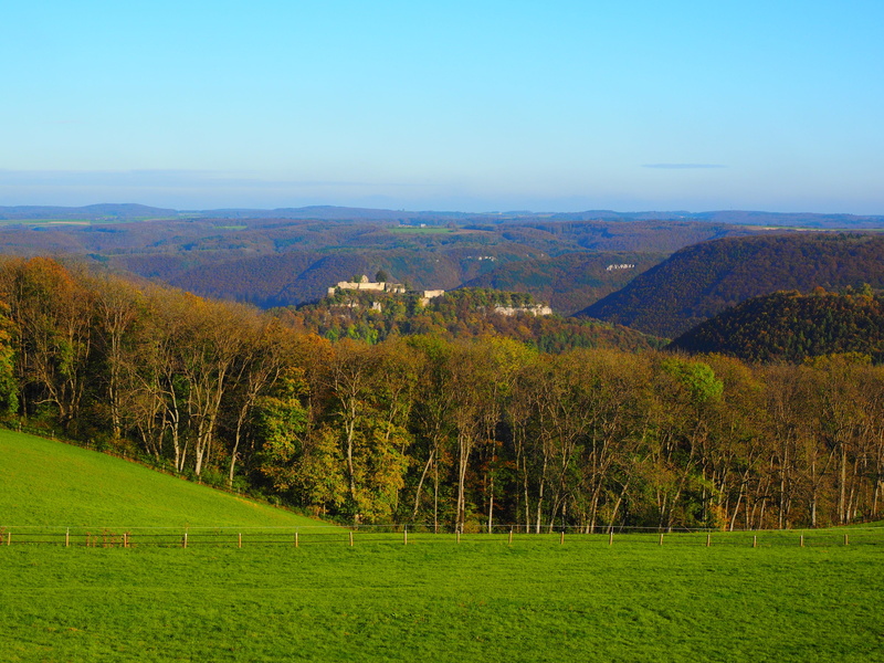 late summer, meadow, tranquil scene, day, field, rolling landscape, outdoors, land, ruin, Outlook, burg hohenurach, castle, Vision, rural Scene, high urach