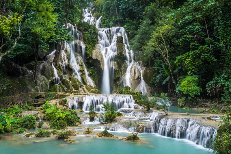 1080P, rocks, Kuang Si Waterfall, waterfall, Laos, trees, stones, forest