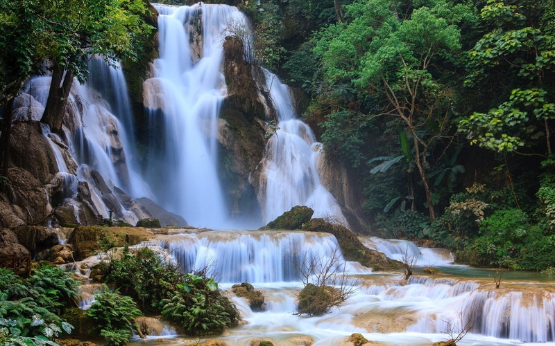 Laos, Rock, Nature, Waterfall, 1080P, Forest, Waterfalls, Kuang Si Waterfall, Green, Tree, Tropical