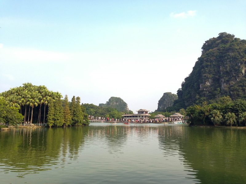 built structure, waterfront, seven star crags, river, china, lake, asia, tranquil scene, sky, tree, building, the scenery, mountain, building exterior