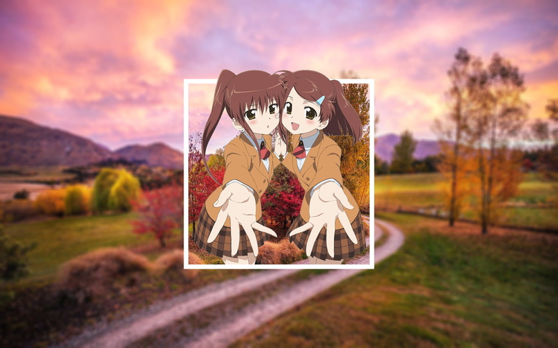 art and craft, sky, white skin, picture-in-picture, anime girls, close-up, Kiss x Sis, female likeness, tree, beauty in nature, environment, Suminoe Riko