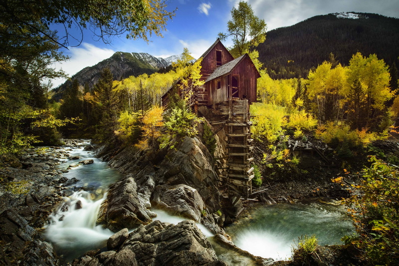 rock, Colorado, trees, Crystal, River Crystal, autumn, river, 1080P, mountains, water mill, Crystal Mill, Crystal River