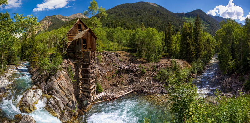 forest, river, mountains, water, crystal, colorado, panorama, 1080P, trees, mill