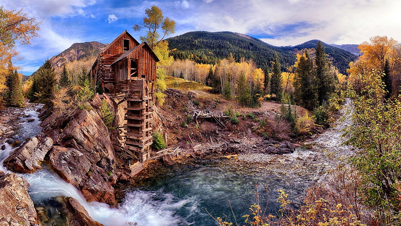 built structure, tranquility, stream, landscape, architecture, day, beauty in nature, crystal mill, tree, mill, nature, autumn, mountain, pine tree, carbondale