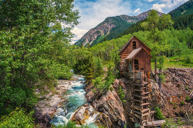 wooden, water mill, Crystal River, house, 2K, river, Colorado, trees, Crystal, mountains, Crystal Mill, brown, forest