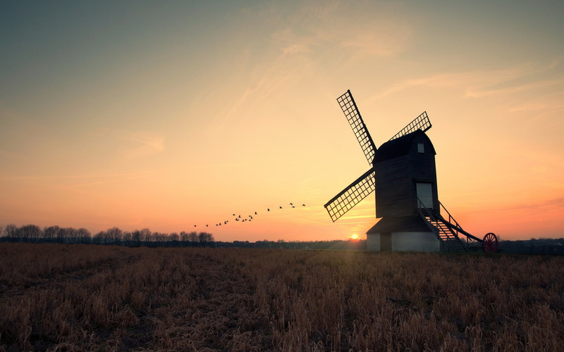 land, old, 1080P, hill, field, mill, sunset, wind