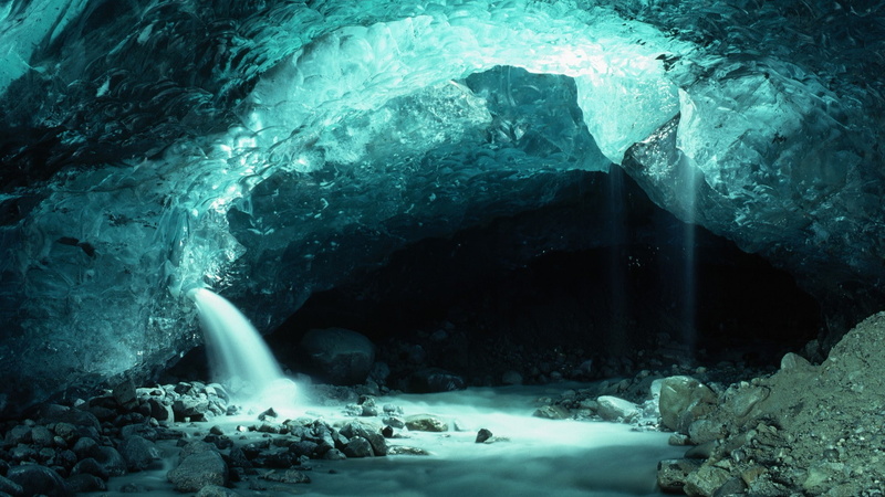 waterfall, iceberg, USA, water, cave, 1080P, long exposure, landscape, stones, nature, rock, Alaska
