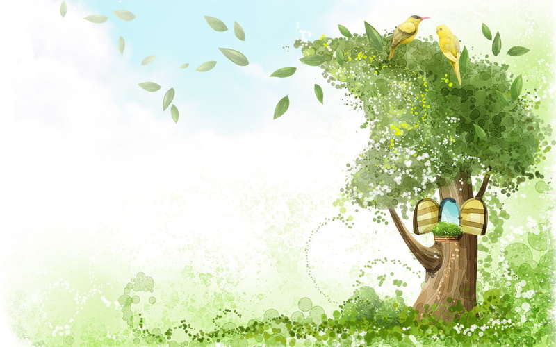 flower, digital composite, green Color, decoration, smiling, full length, women, sky, leaf, parrots, springtime, birds, painting, illustration, the wind