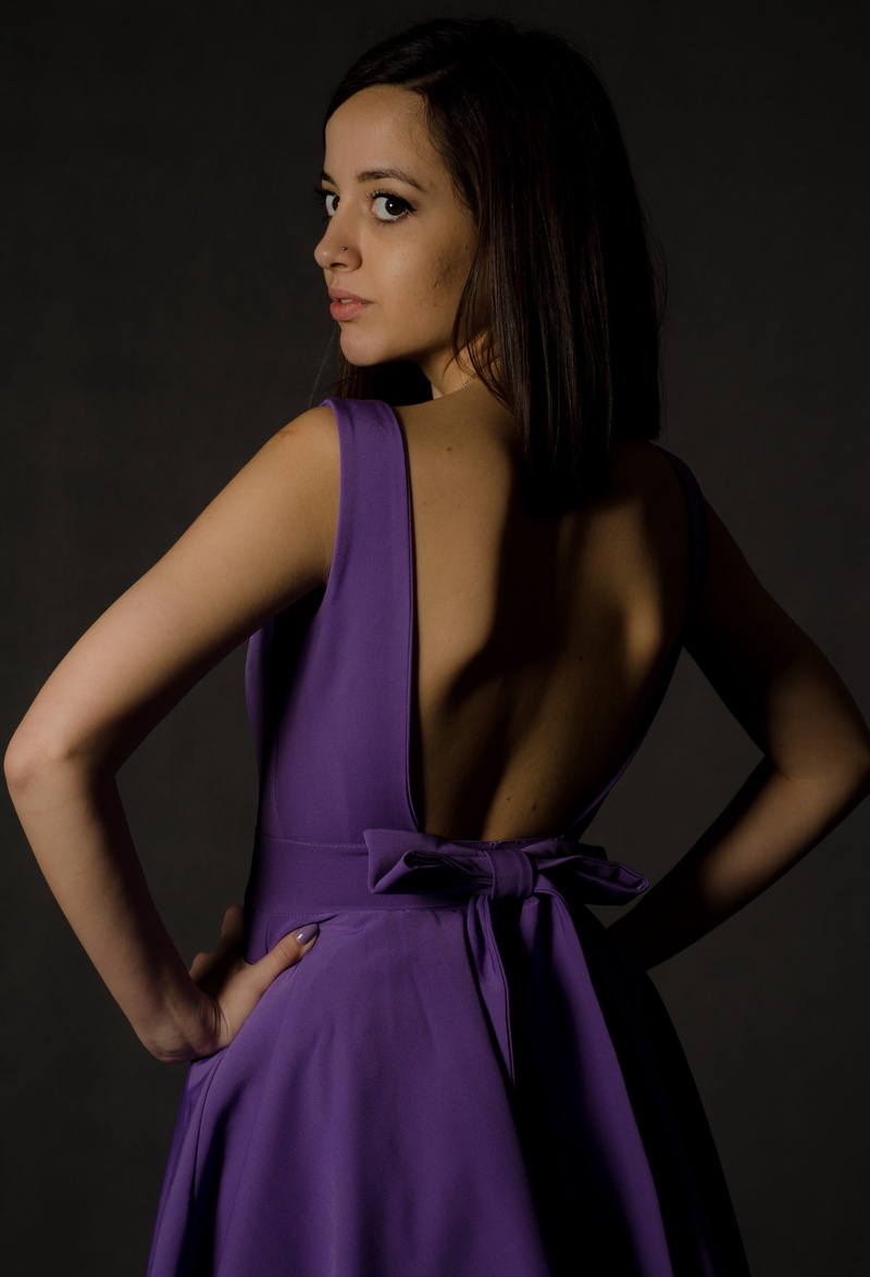 front view, standing, purple, hairstyle, sleeve, young adult, women, portrait, apparel, robe, beautiful woman, adult, female, one person, gown, evening dress
