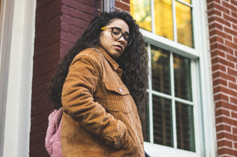 looking, cold temperature, jacket, adult, woman, women, eyewear, white, winter, wear, front, fashionable, fashion, brown, corduroy, window, outdoors, 5K
