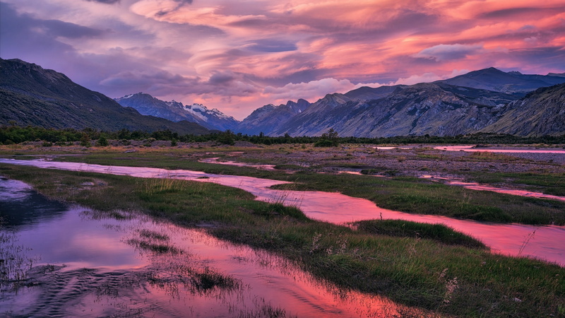 highland, sky, cloudy, cloudy sky, landsccape, mountain, dawn, el chalten, lake, wetland, argentina, 4K, morning, pink clouds, reflected, nature