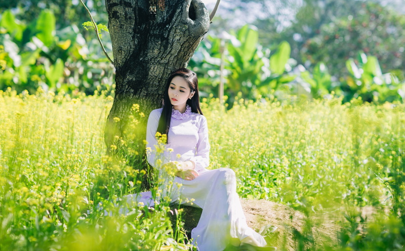 women, Young, day, plant, floral, Flowers, hairstyle, Sitting, white, trunk, Relaxation, Girls, Photography, Yellow, hair, Garden, 5K, long, Girl, sleeved