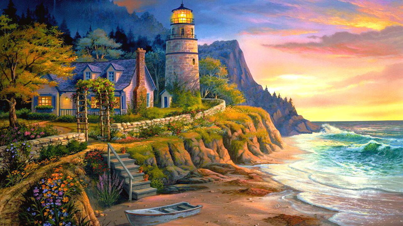 the evening, travel, lighthouse, nature, painting, beach, water, land, travel destinations, ladder, plant, tranquility, Lighting the Way, cloud - sky, architecture