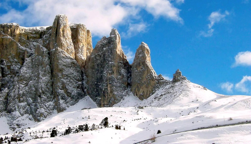 blue white, travel destinations, environment, photo, tree, travel, tranquil scene, sella group, winter, landscape, dolomites, no people, cold temperature