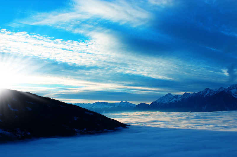 cloud - sky, no people, blue, beauty in nature, mountain range, idyllic, tranquil scene, mountain peak, austria, scenics - nature, sunbeam, tranquility