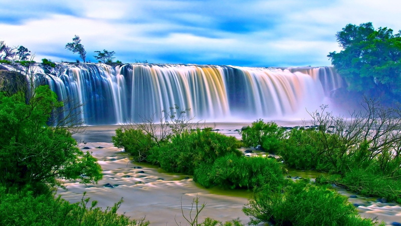 landscape, travel destinations, dray nur waterfall, waterfall, no people, sky, flowing, motion, water, cloud - sky, plant, tourist attraction, chute, beauty in nature