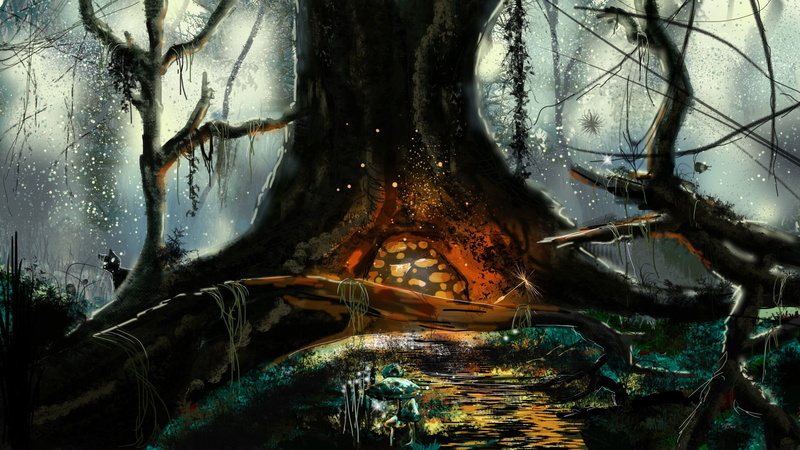 forest, field, digital art, water, plant, old, day, 1080P, fantasy art, trunk, branch, architecture, close-up, tree trunk, wood - material, tree, lake
