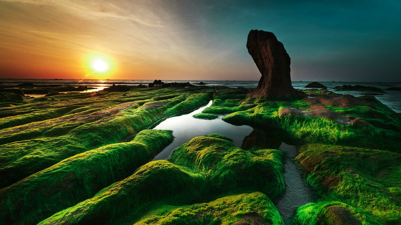 co thach beach, sunlight, horizon, reflection, 4K, sea, tuy phong, nature, viatnam, beach, moss, sky, cothach, water, rock, landscape, asia, coast, mossy