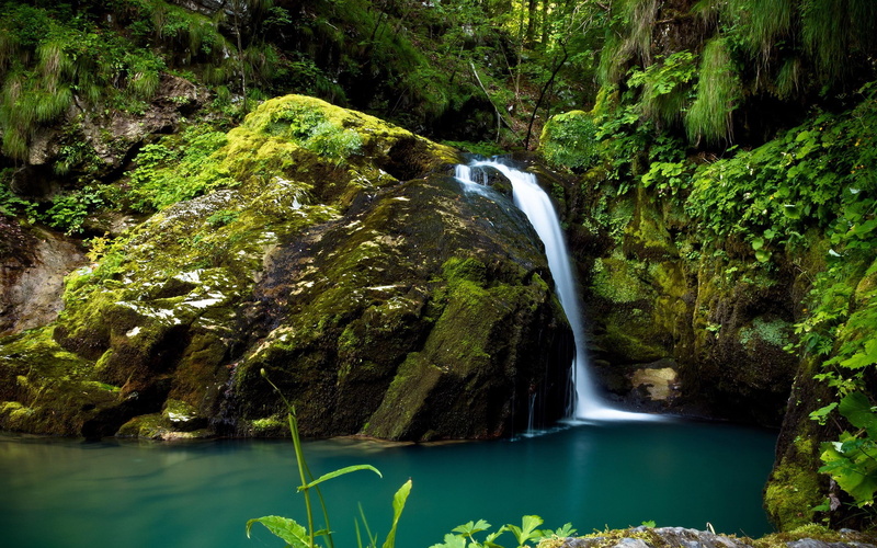 rocks, mossy, nature, rain, 2K, waterfall, forest