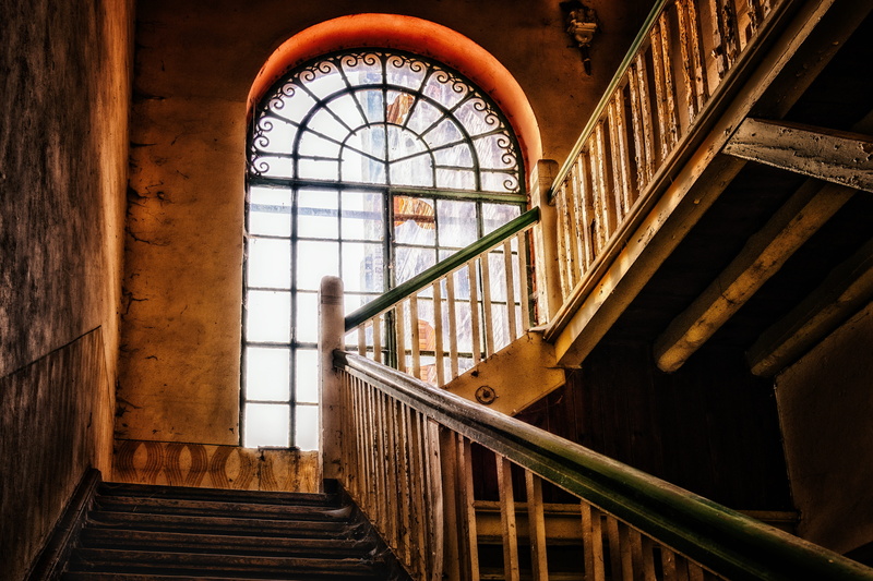 architecture, no people, day, arch, wood, railing, low angle view, steps and staircases, ceiling, entrance, mystical, lost places, old, absence, masonry