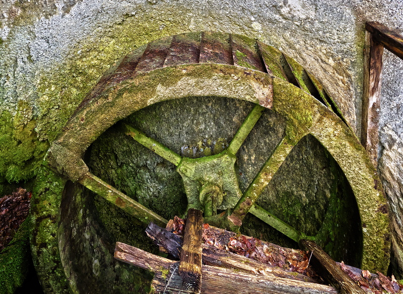 outdoors, building, sculpture, drive wheel, old building, plant, water supply, decay, history, abandoned, real people, representation, green color, moss