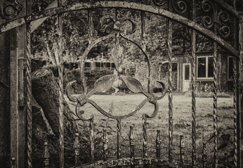 black and white, history, abandoned, art, creativity, obsolete, wrought iron, window, iron, old, representation, built structure, gate, gloomy, damaged