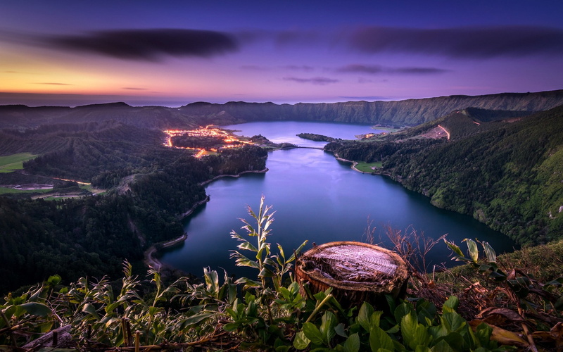 leaves, Portugal, forest, Azores, road, landscape, lights, 1080P, sunset, island, lake, nature, water
