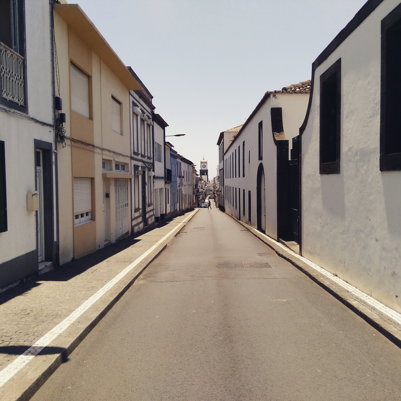 city, clear sky, transportation, street, 2K, residential district, diminishing perspective, empty, azores, summer, direction, building exterior, blue sky
