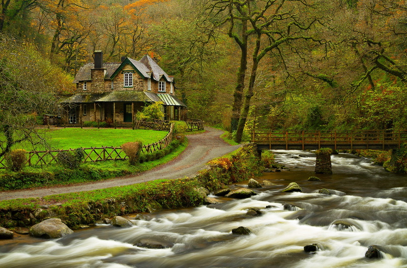building exterior, tranquil Scene, tree, water, rock - Object, day, fall, rural Scene, landscape, bridge - Man Made Structure, autumn, river, leaves, cottage