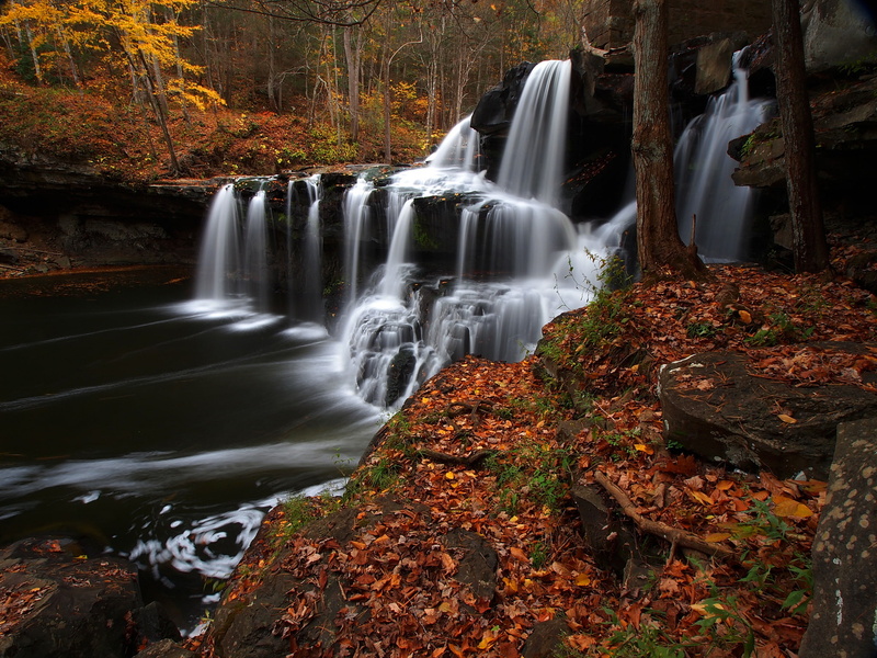 Brush Creek Falls, waterfall, autumn, forest, cascade, leaves, river, 1080P, West Virginia